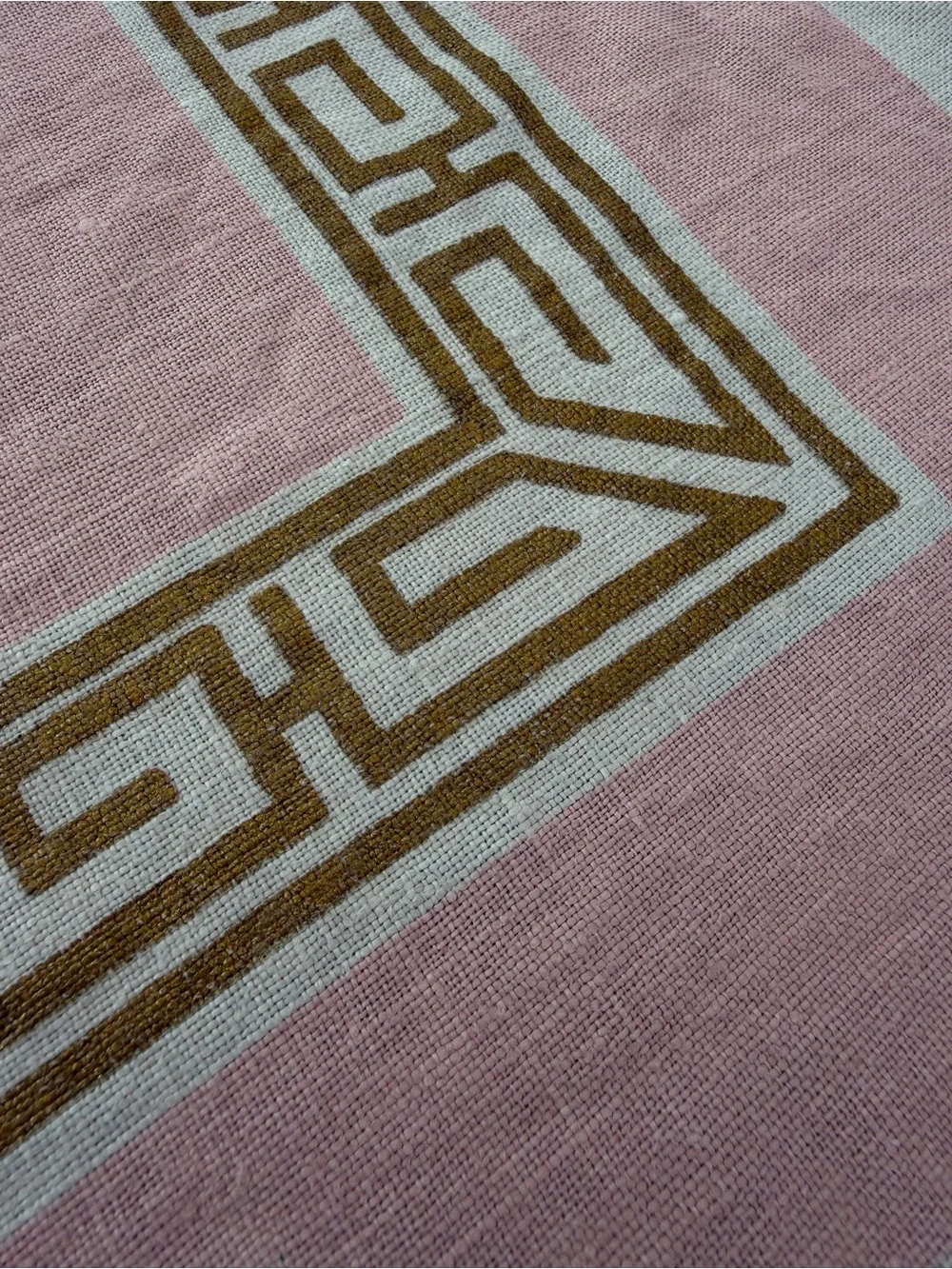 Vintage Linen Tablecloth 50x50 Pink Metallic Gold Greek Key Regency